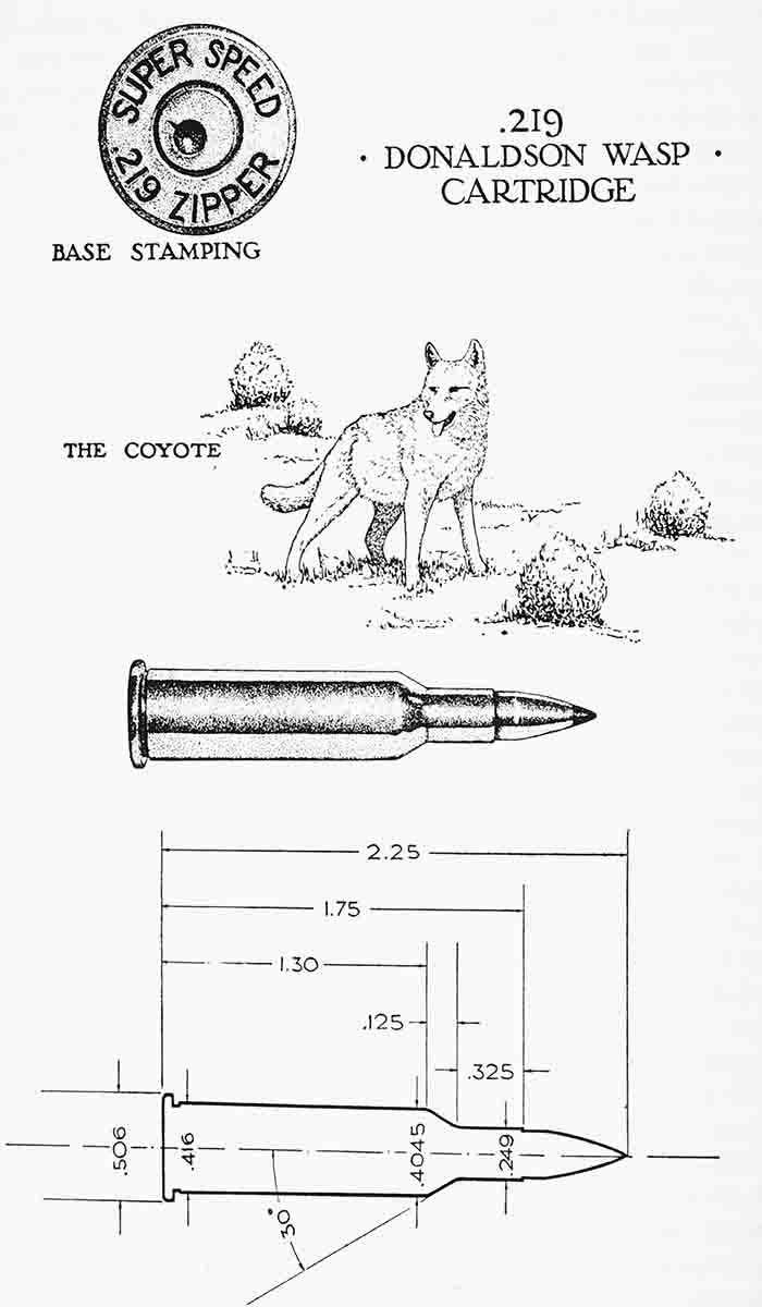 For reference, and right out of the Landis book on varmint rifles, this is the drawing and specifications of the 219 Donaldson Wasp cartridge showing the 219 Zipper headstamp.